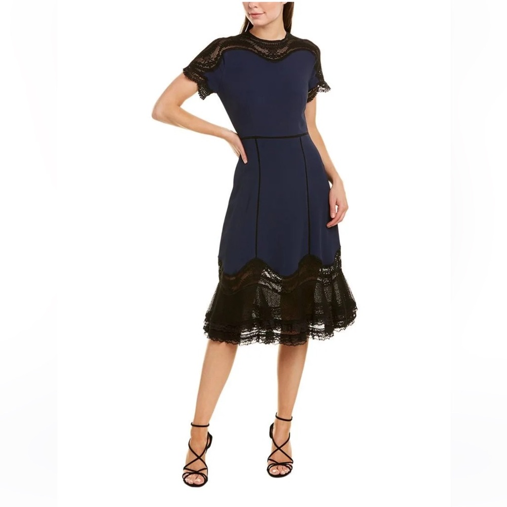 Jonathan Simkhai Guipure Size 2 Midi Sheath Dress Blue Black‎ Ruffle Hem Gatsby
